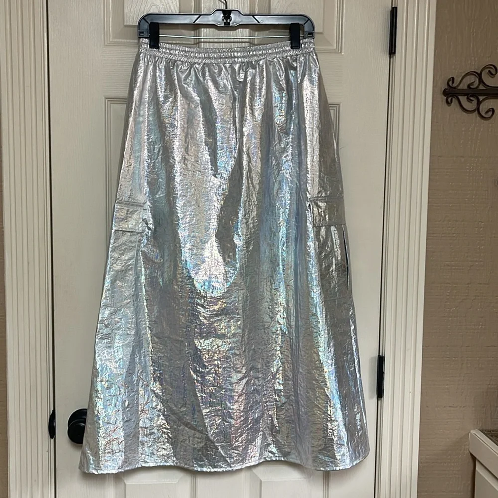 New Anthropologie Metallic Silver Shine Cargo Maxi Skirt Women’s Size Small - Picture 9 of 16